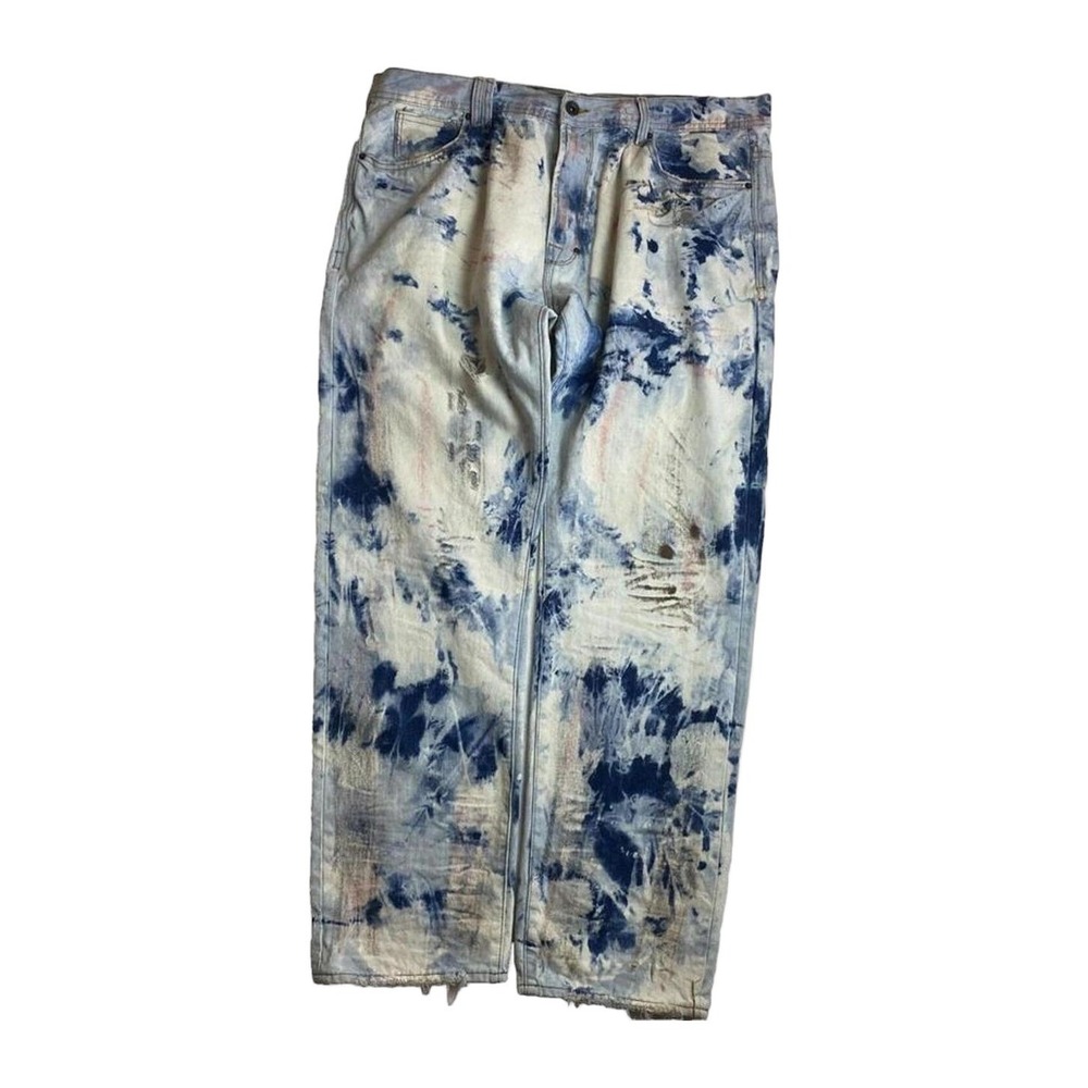 AKOO No Rivals Hand Bleached Jeans Mens 42x33 Distressed Streetwear Acid Wash